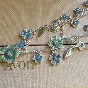 Cottagecore Floral Layered Statement Necklace | Soft Blue & Sage Silver NIB 169